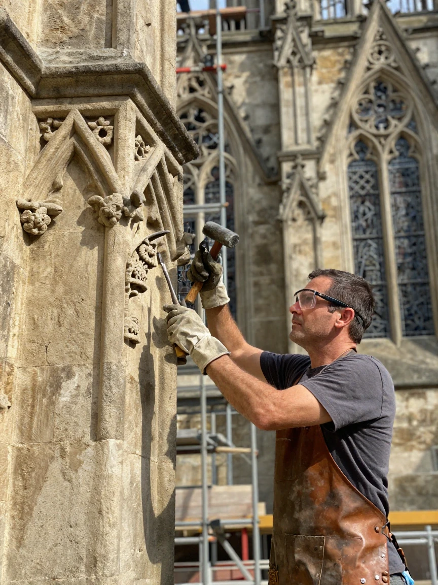 A stone mason carving detail into a cathedral facade
