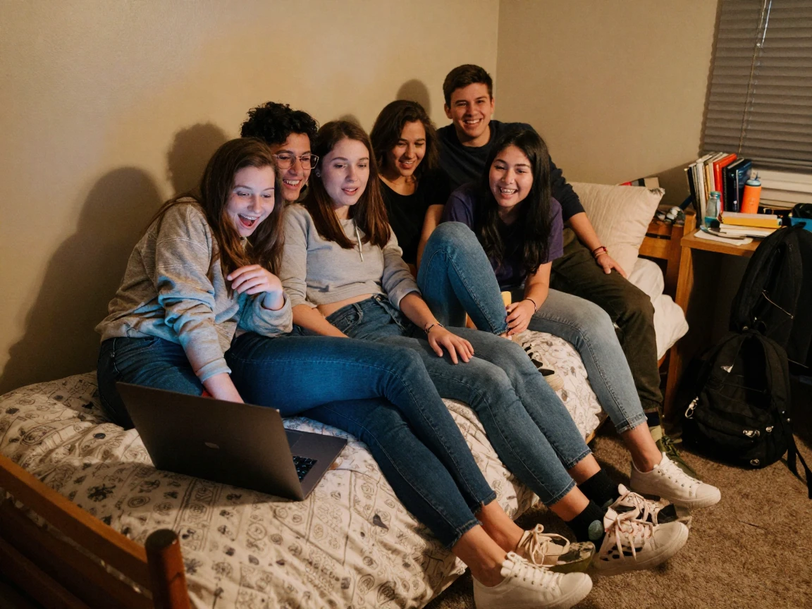 A group of college friends piles onto one narrow bed to watch a movie on a laptop propped on pillows.