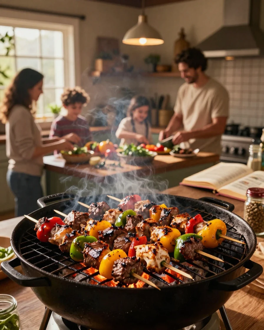 A grill loaded with sizzling kebabs and peppers in a bustling family kitchen