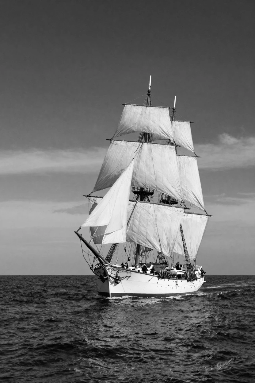A classic sailing ship sails across open ocean waters on the open sea.
