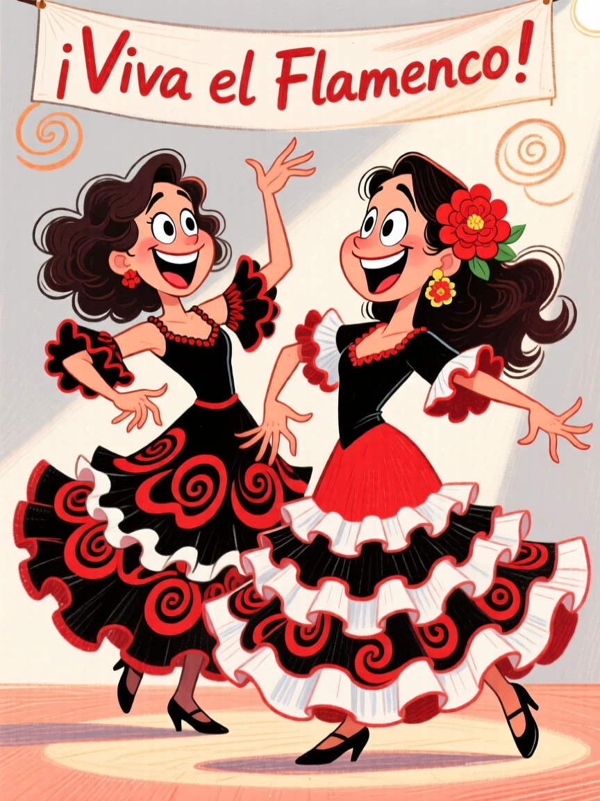 Traditional flamenco dancers in ruffled dresses striking a dramatic pose mid-performance.