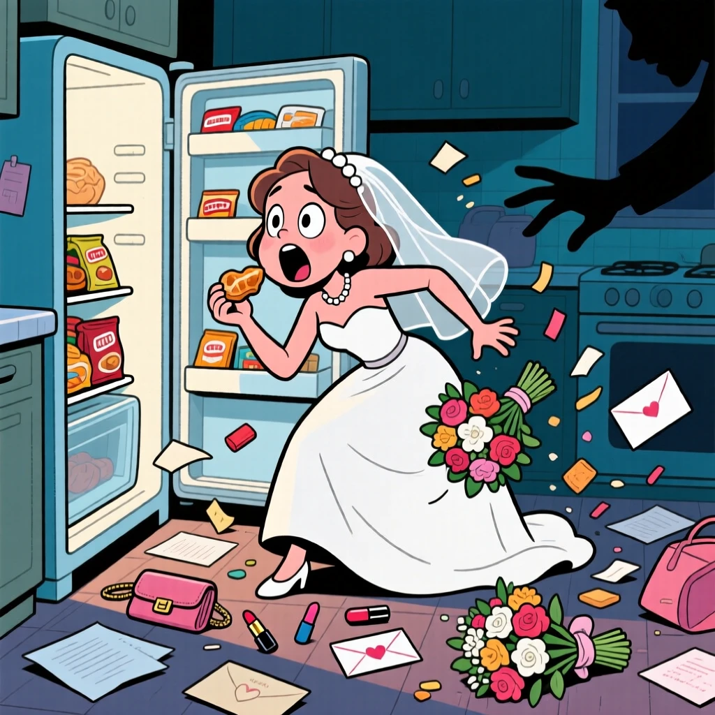 A funny expressive moment showing a young bride trying to sneak a midnight snack and getting caught, as papers and belongings scatter everywhere.