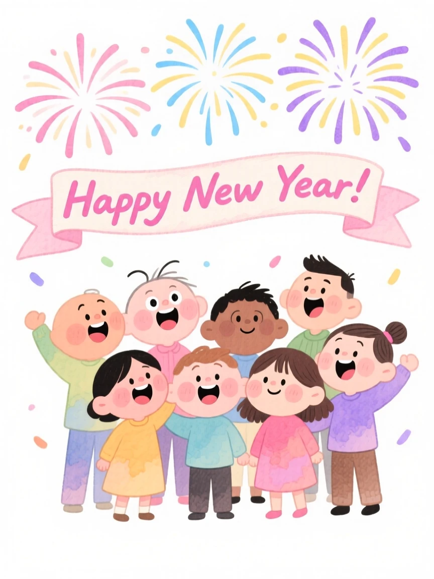A joyful celebration scene of a New Year's Eve countdown with sparkling fireworks overhead, radiating cozy holiday cheer
