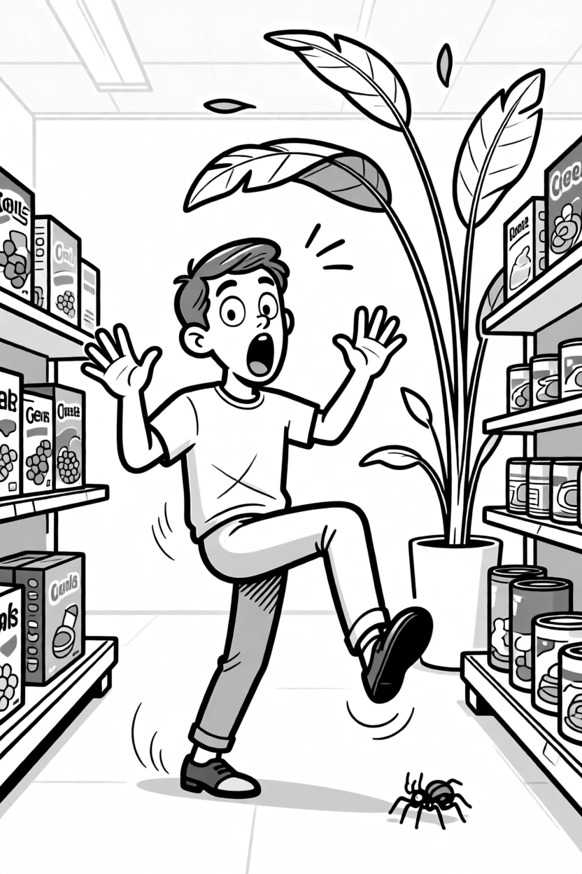 A person overreacting wildly to a tiny spider, freezing mid-step with one foot dramatically raised, set in a bright grocery aisle. A houseplant leans, seemingly startled too. There's a warm, self-deprecating humor to the moment.