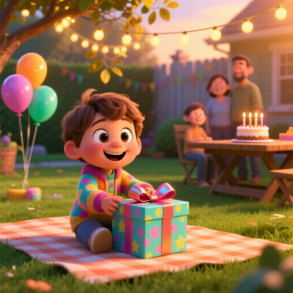A child receiving a surprise birthday gift unfolds in a backyard strung with string lights, with a gentle breeze rustling nearby leaves. A heartfelt sense of happiness fills the moment.