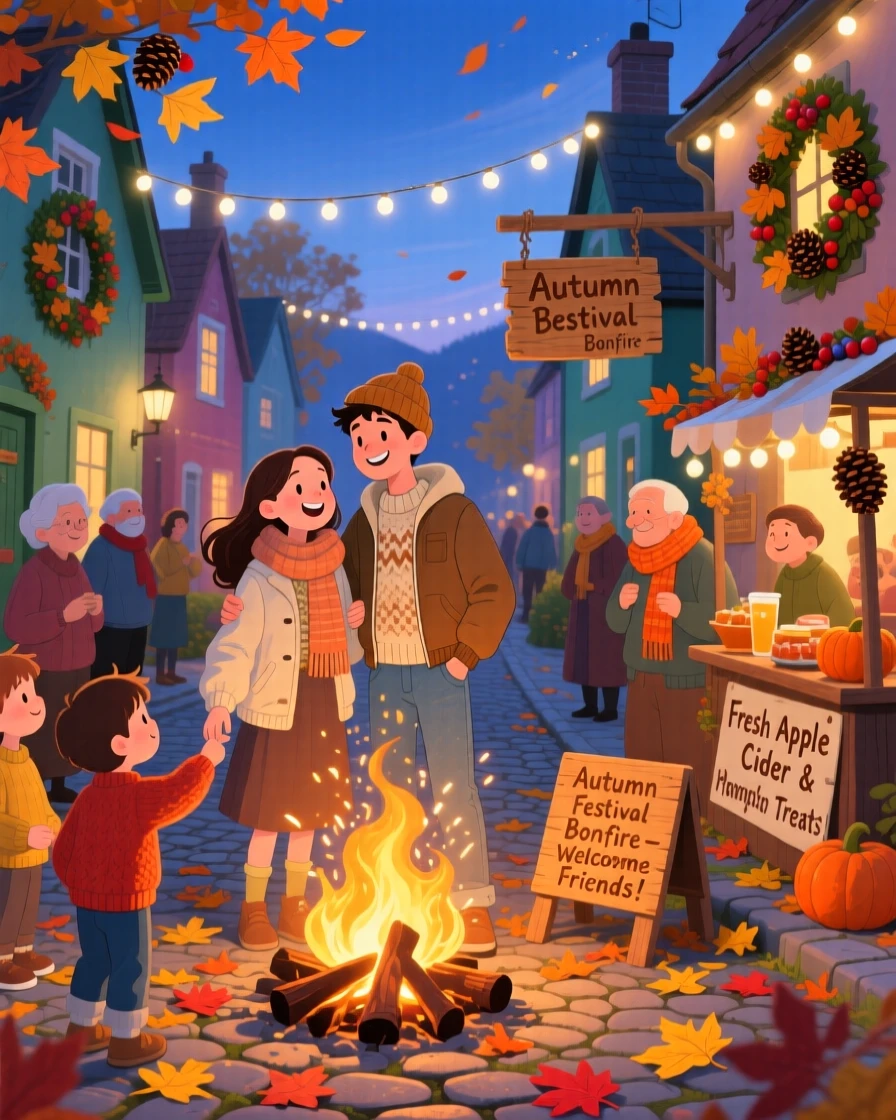 A young couple gather in a festive village street, gathering around a bonfire on a crisp autumn evening, with twinkling lights strung overhead.