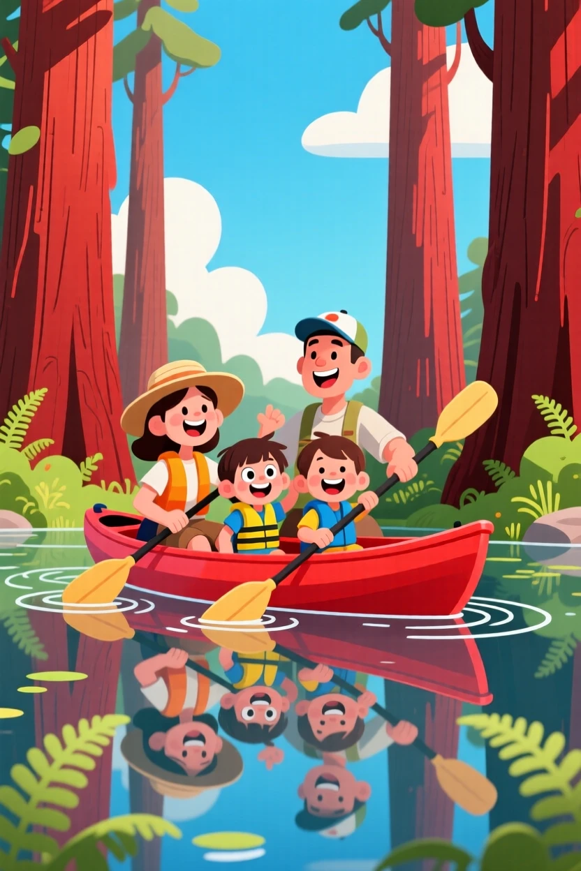 A family kayaking past towering redwoods reflected in still water.