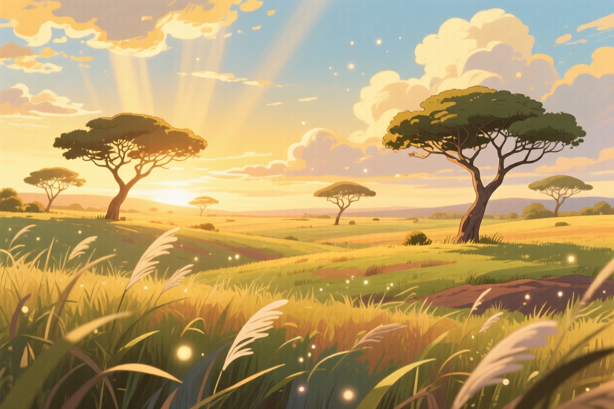 A breathtaking view of a savanna dotted with lone acacia trees, with sunlight breaking through scattered clouds in golden shafts, at golden hour, seen through a gentle foreground of grass.
