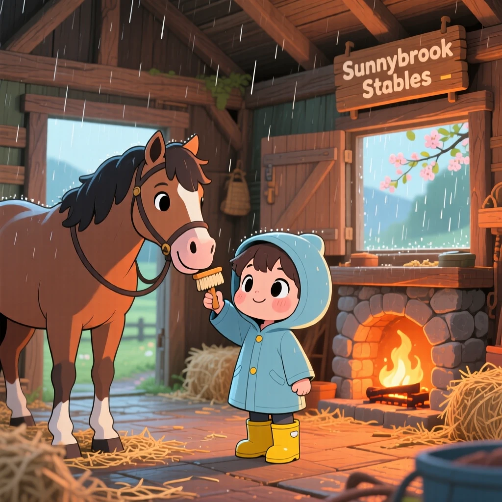 A child and a horse brushing its mane gently, framed as a wide establishing shot within a rustic countryside stable, during a gentle spring rain shower, glowing under cozy firelight, evoking brave confidence.