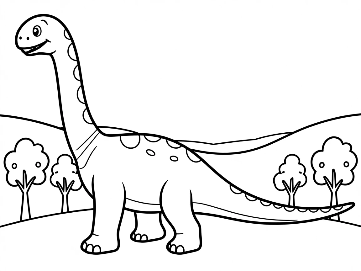 A friendly Diplodocus stretching its long tail across a valley