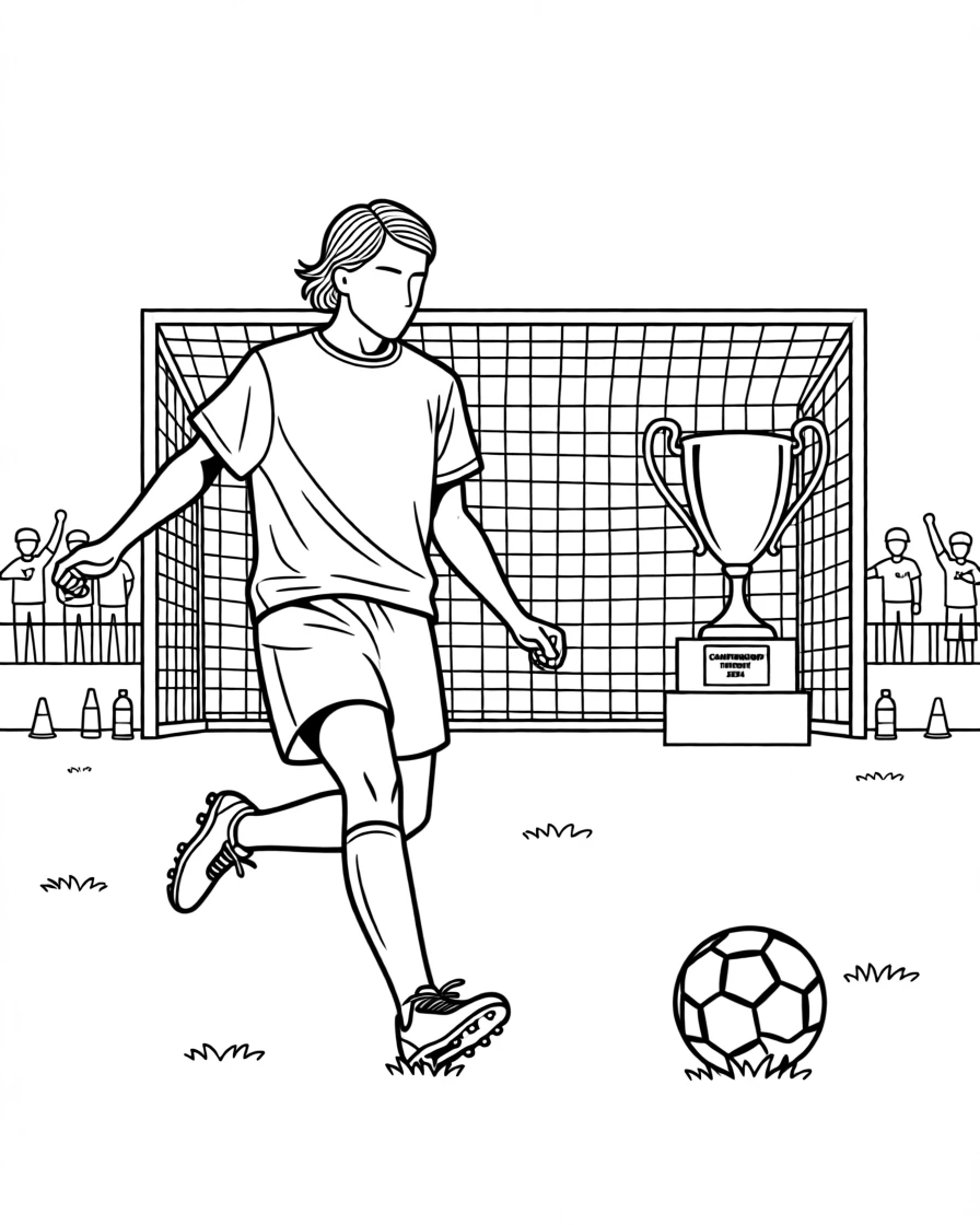 A soccer player striking the ball toward the goal, with a trophy gleaming nearby.