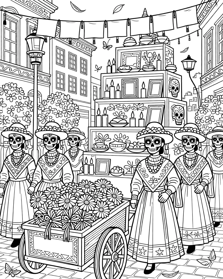A remembrance parade scene with painted skull masks and marigolds.