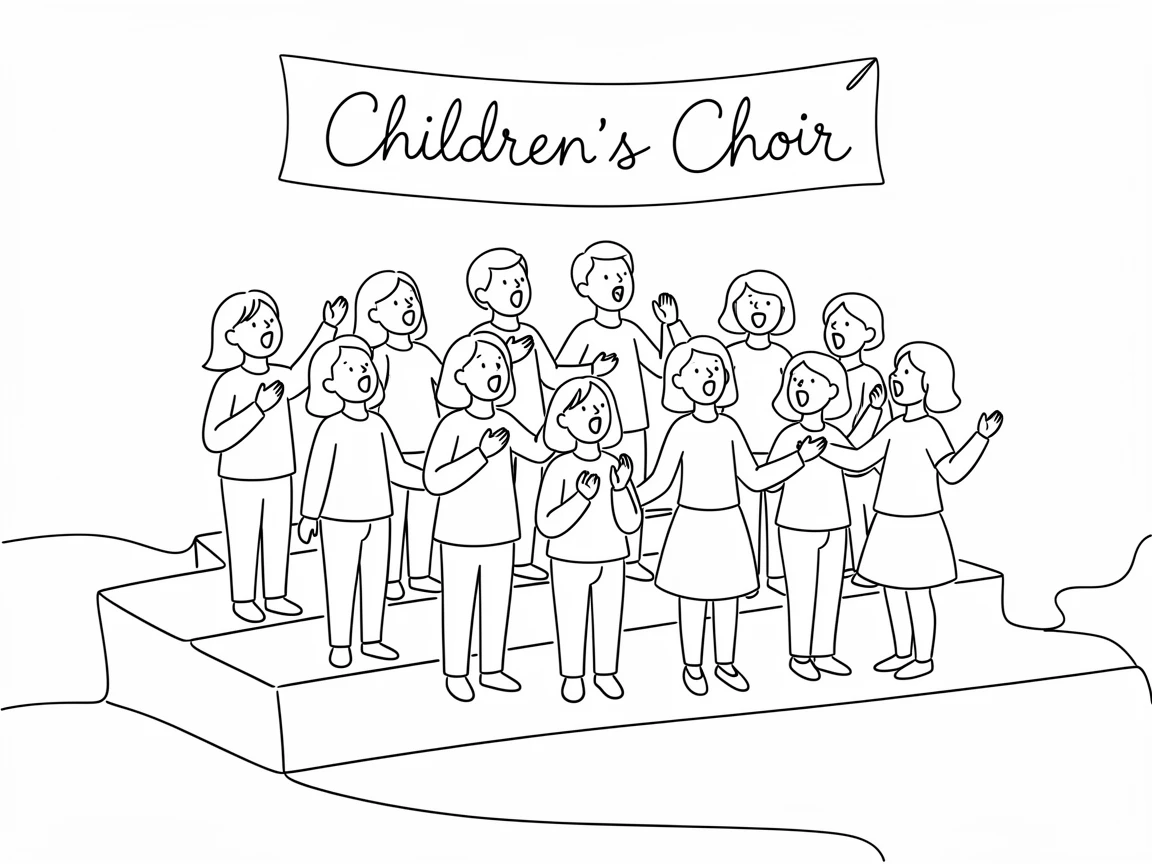 A children's choir singing together on risers in a school auditorium