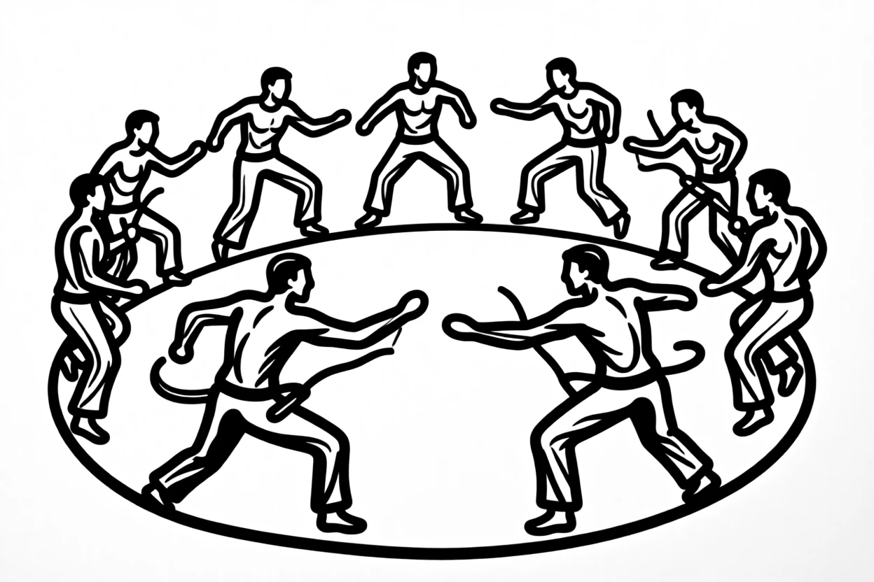 A traditional Brazilian capoeira circle with dancers mid-motion to drumbeats.