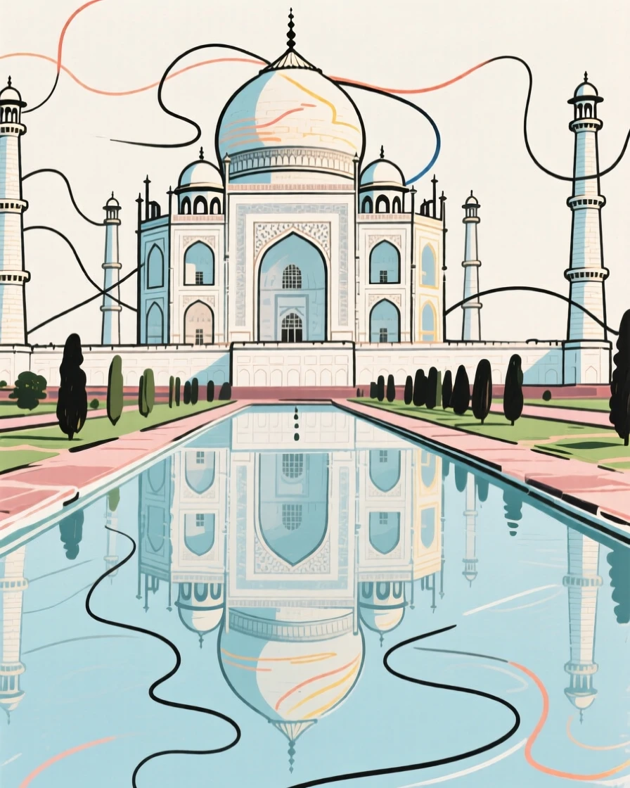 The Taj Mahal reflected perfectly in a still garden pool.