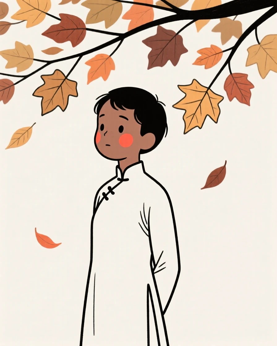 A shy teenager of Ethiopian heritage wearing a Vietnamese ao dai, full of curious wonder, under a canopy of autumn leaves.