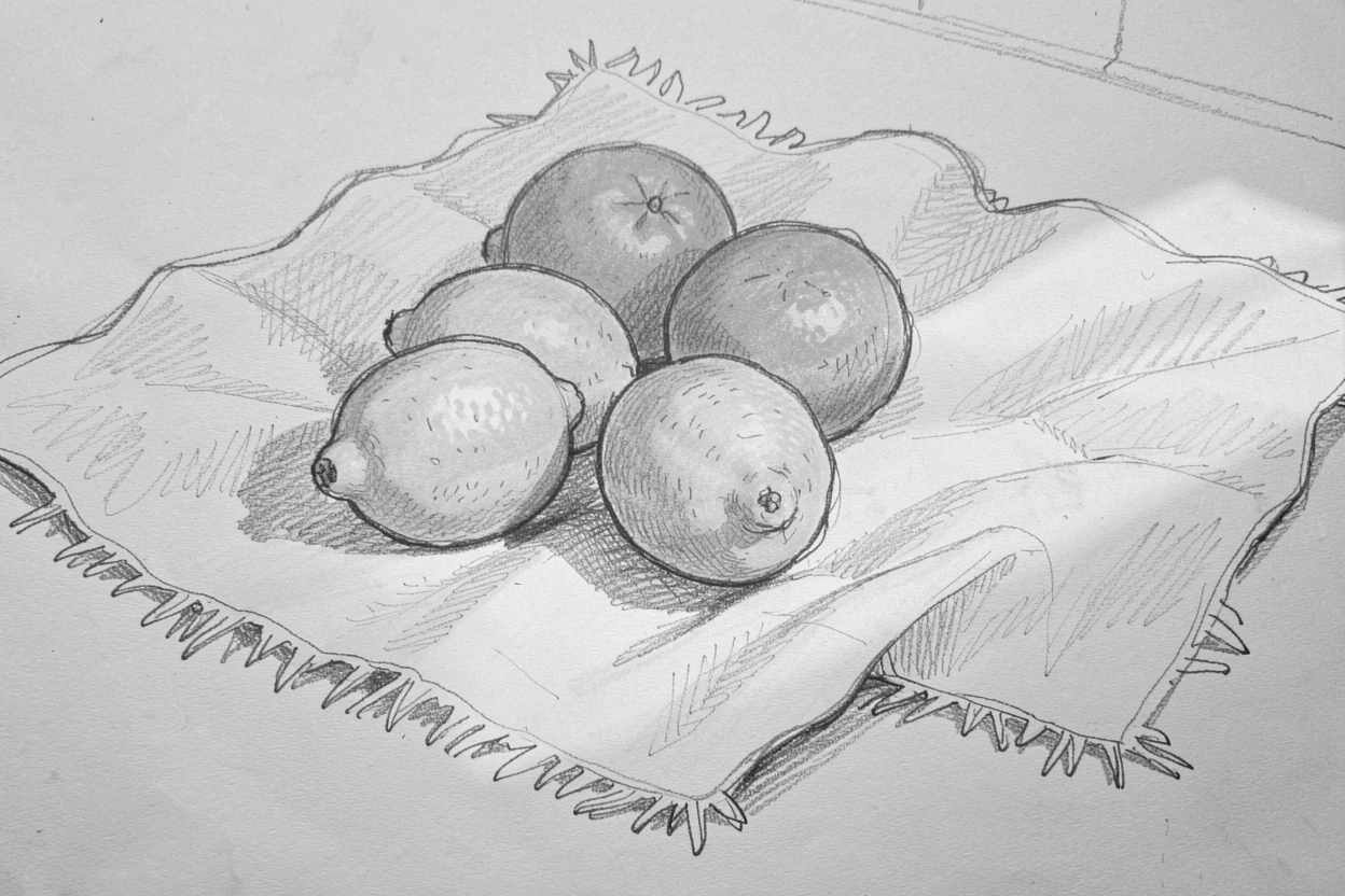 A citrus fruit still life with lemons and oranges on a weathered picnic blanket, with morning light streaming across the scene.