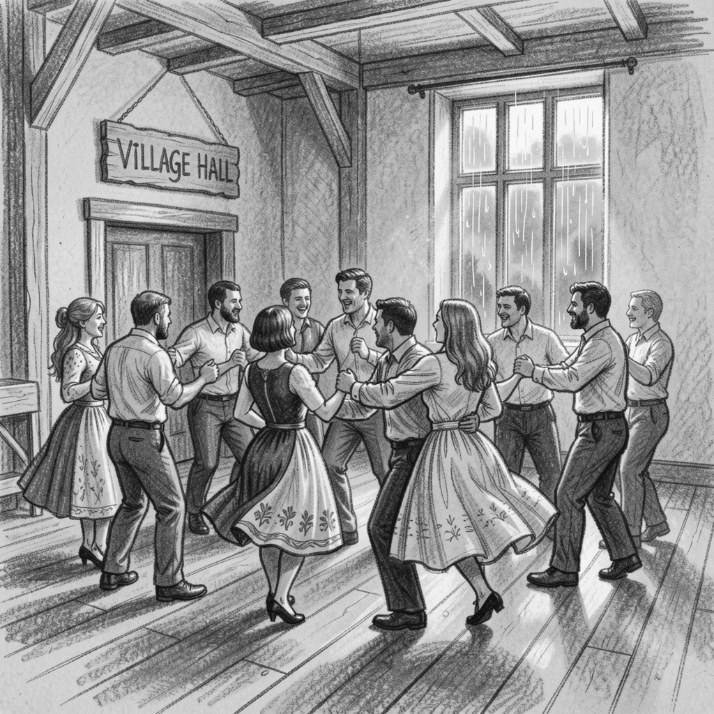 A traditional Irish céilí dance in a village hall, as gentle rain patters down around them.