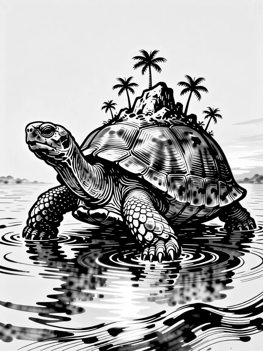 A giant tortoise island drifting slowly through a calm, glowing sea.