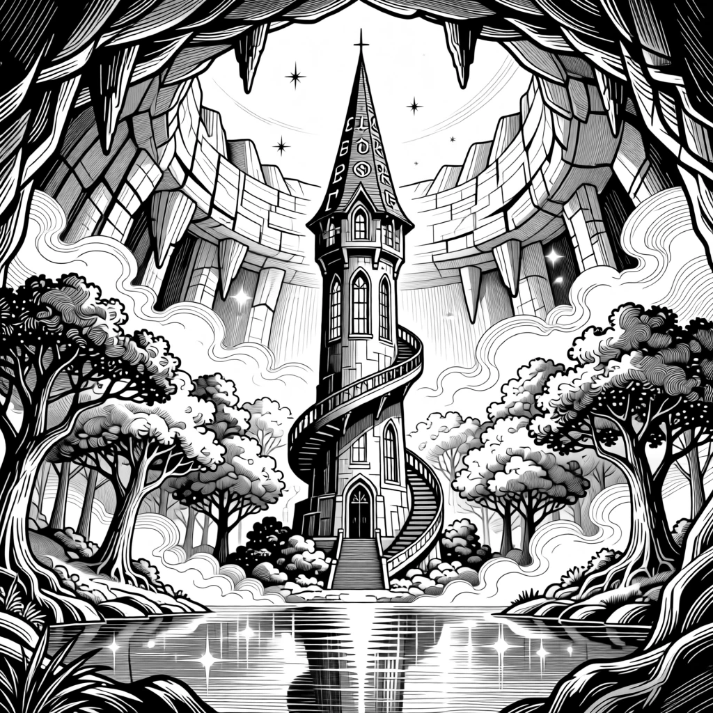 A wizard's tower rising from a misty forest deep within a glowing underground cavern, with reflections of starlight scattered across water, forming a serene yet powerful fantasy scene.