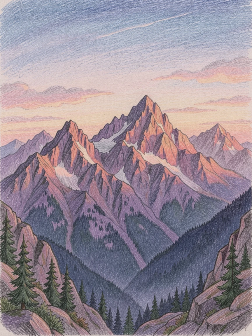 A mountain range bathed in alpenglow at last light, captured in a quiet, intimate moment full of atmosphere, full of charm, emotion, and visual delight.