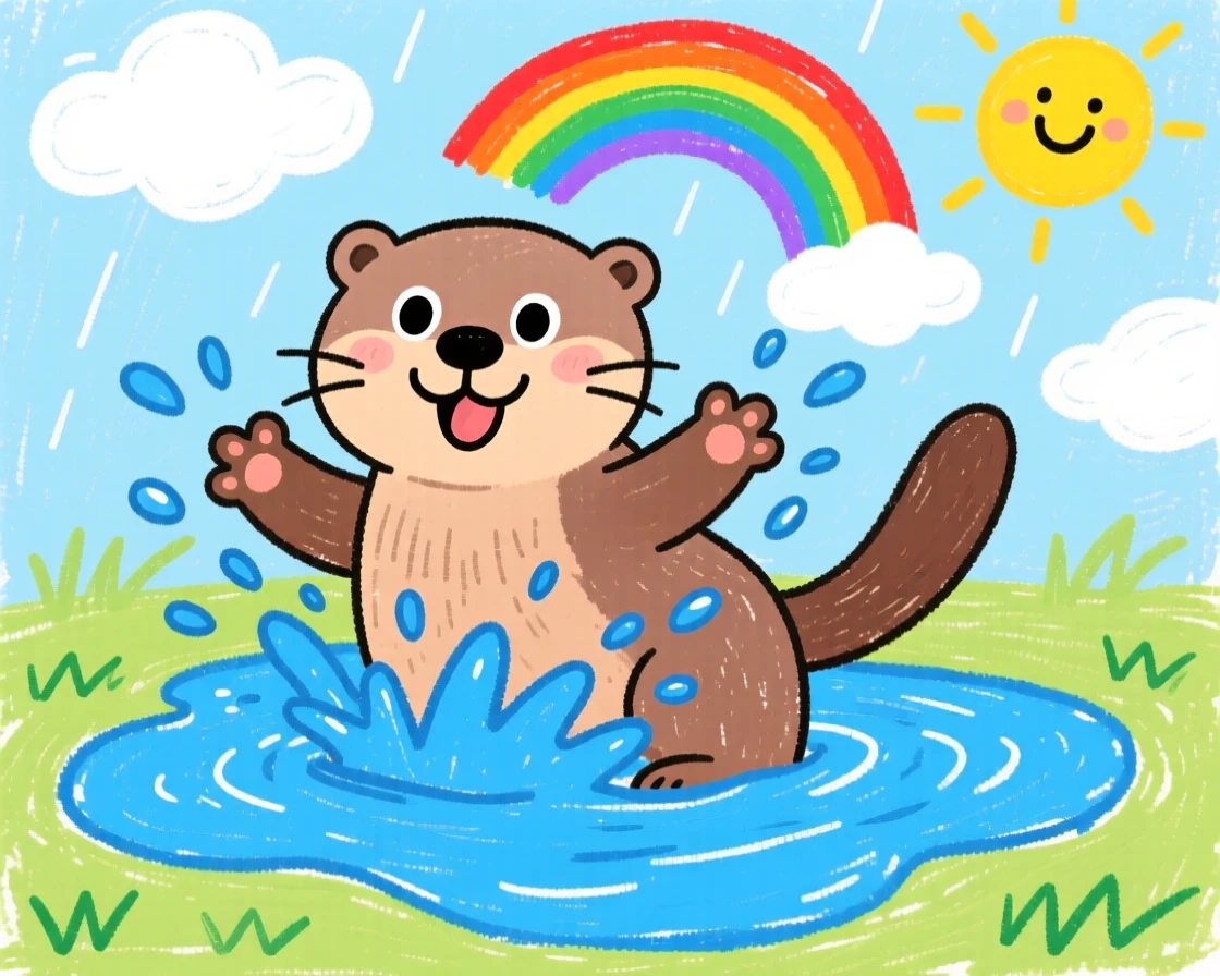 A playful otter pup splashing in a shallow puddle after rain.