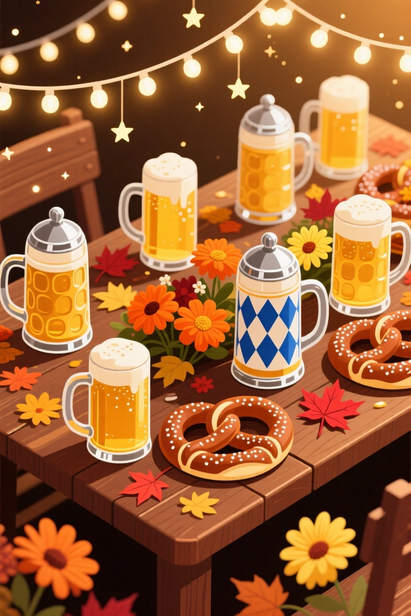 A festive Oktoberfest table with steins and pretzels, decorated with seasonal flowers and warm lighting, composed with a warm golden glow throughout, with warm twinkling lights adding a magical sparkle.