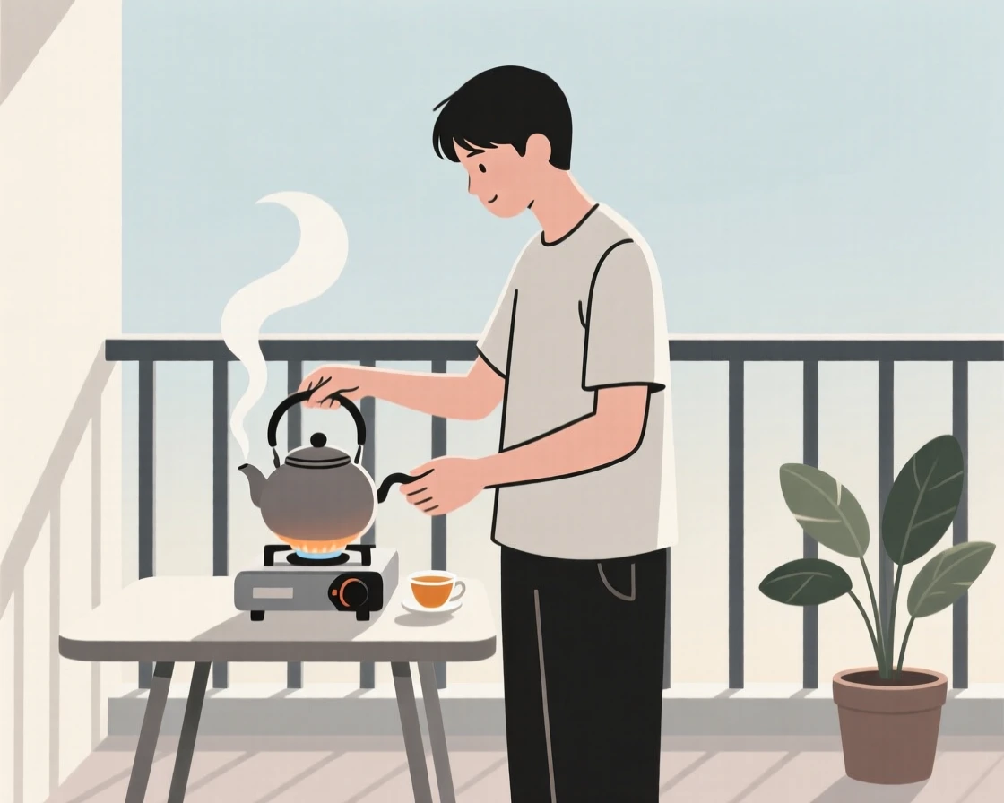 A person brewing a pot of tea in a small balcony.