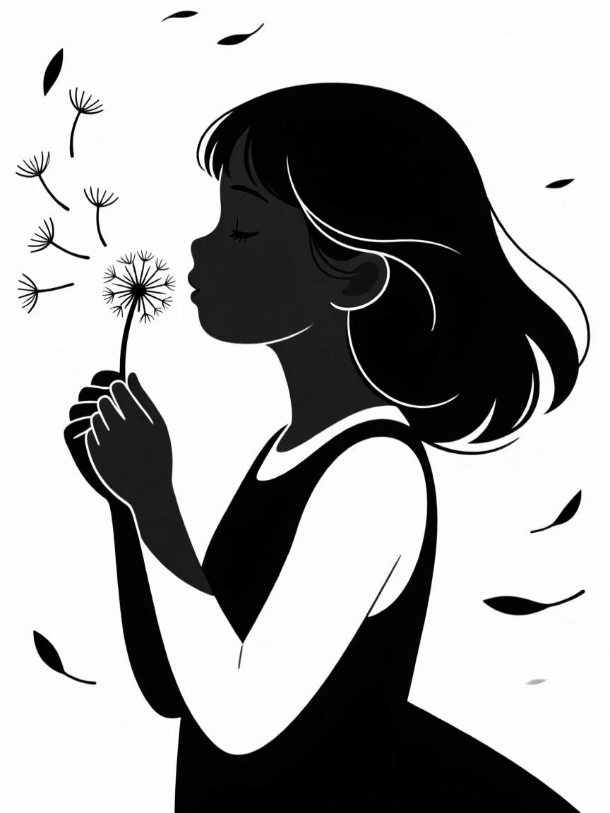 A young girl blowing dandelion seeds into the wind.