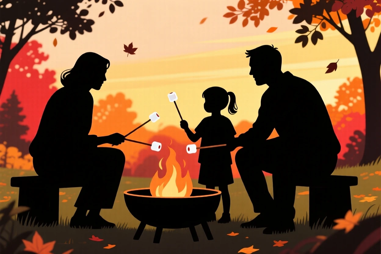 A family roasting marshmallows over a backyard fire pit in early autumn.