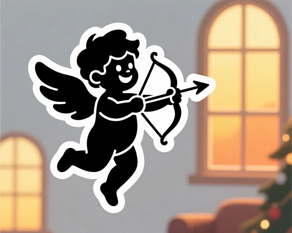 A spirited and joyful cupid figure with a small bow and arrow, with warm light spilling from nearby windows, during a beloved yearly tradition.