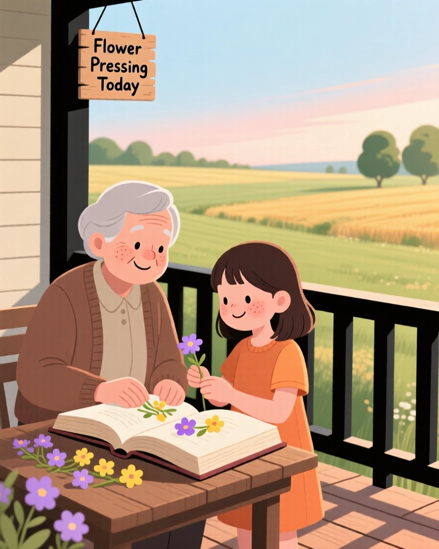 A grandparent shows a curious granddaughter how to press flowers between book pages in the porch overlooking the fields, both taking their time as the afternoon sun warms their shoulders.