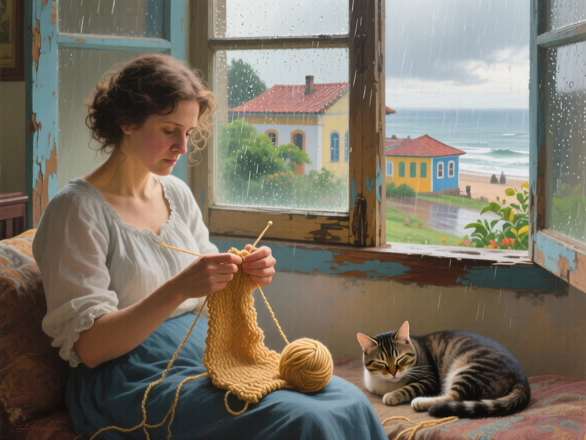 A close-up portrait of a woman knitting while her cat naps in a sunbeam nearby, during a gentle spring shower, in a Brazilian coastal town.