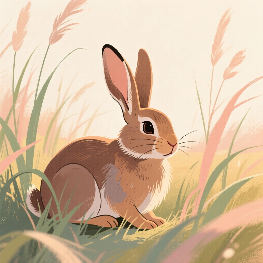 A wild rabbit hiding among tall meadow grasses