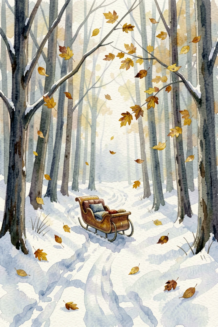 A snowy sleigh ride through a quiet forest as golden autumn leaves drift in the breeze.