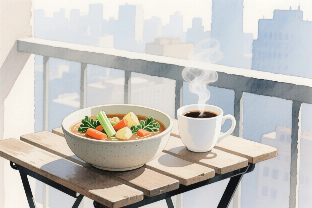 A bowl of hearty vegetable soup sits next to a steaming cup of coffee on a balcony overlooking the city, arranged beautifully for a delightful meal