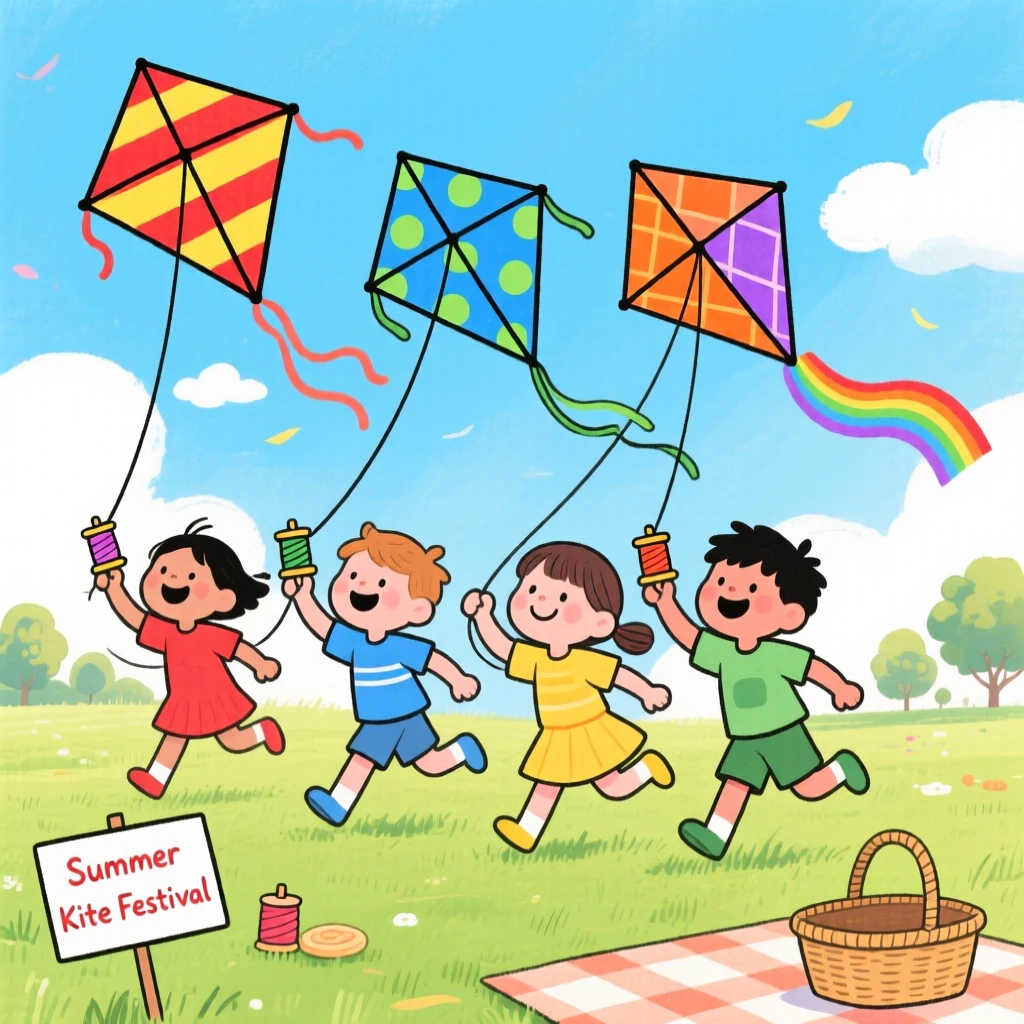 A festive scene of children flying colorful kites on a breezy summer afternoon.