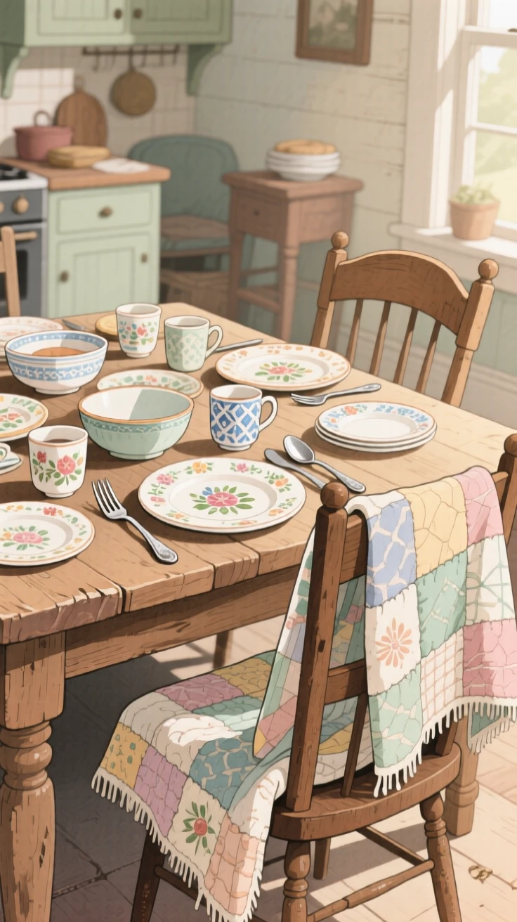 A farmhouse table set for Sunday dinner with mismatched vintage china, with a worn quilt draped over the nearest chair, evoking deep comfort and contentment.