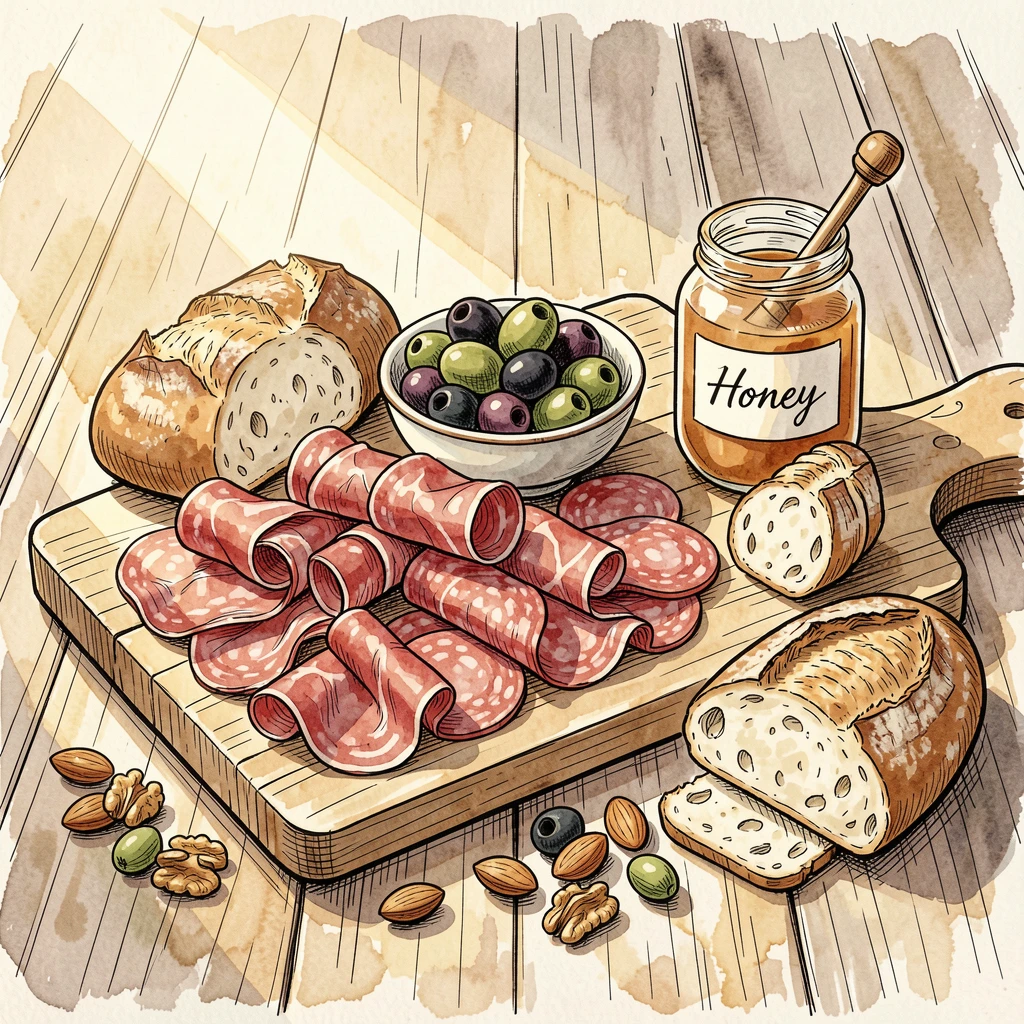 A rustic charcuterie spread with olives, nuts, and crusty bread, sunlight streaming across the table, highlighting every texture.