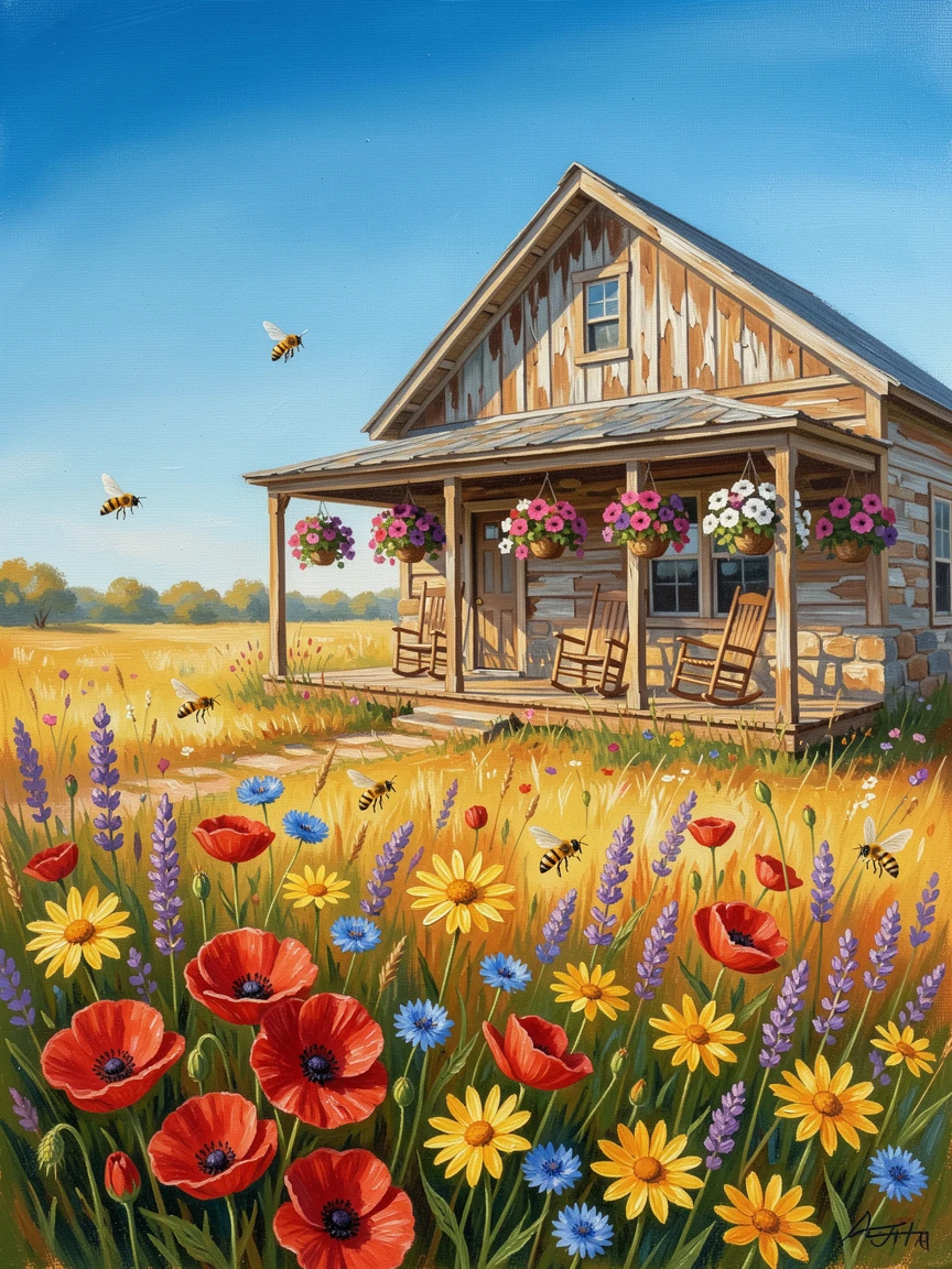 A sunlit meadow bursting with summer wildflowers, bees drifting lazily between the wildflowers, beside a rustic farmhouse with a wraparound porch, beneath a bright, cloudless summer sky.