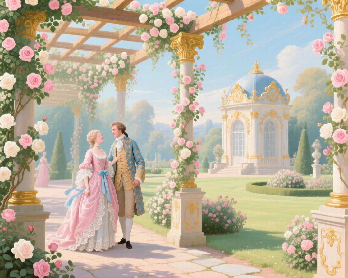A rose-covered pergola leading toward a sunlit garden pavilion  