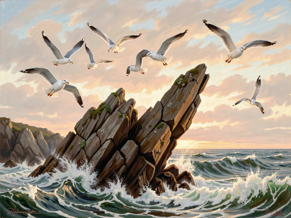 Seabirds circle a rocky outcrop rising from a foaming sea.