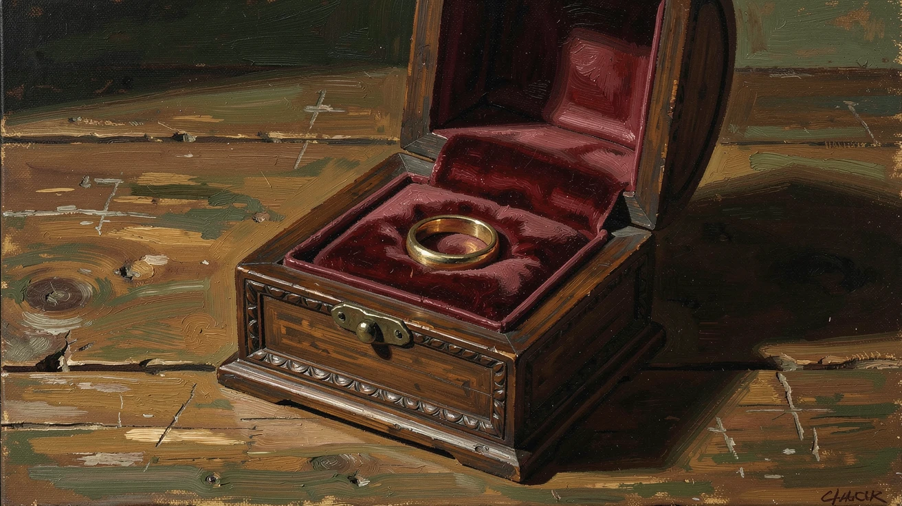 An elegant wedding ring resting inside an open antique box, as delicate shadows fall across the surrounding surface, capturing timeless beauty through carefully chosen objects