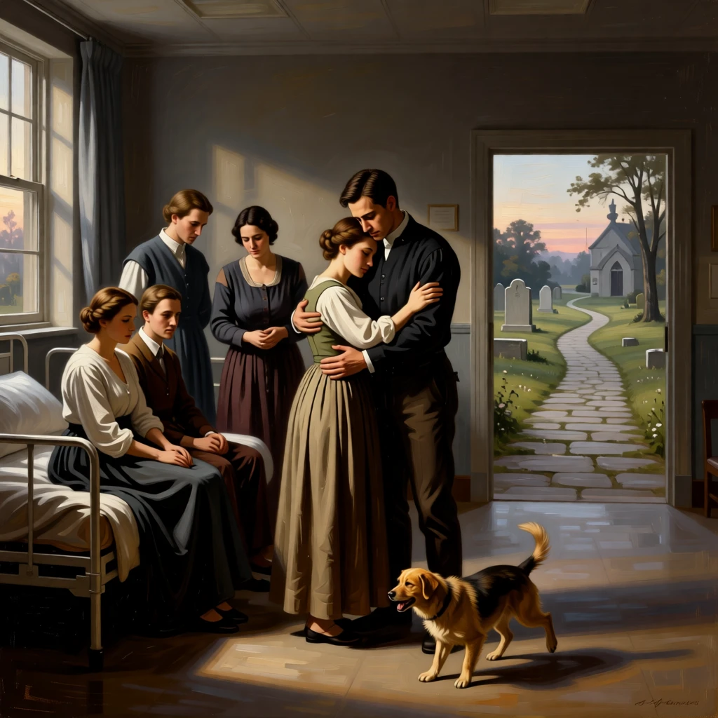 A grieving family gathered at the edge of a quiet churchyard as the weight of years finally lifts, set in a dimly lit hospital ward at the edge of dawn, with a small dog circling excitedly at the family's feet; converging paths in the background lead directly to the embracing pair, capturing love that has endured distance and time.