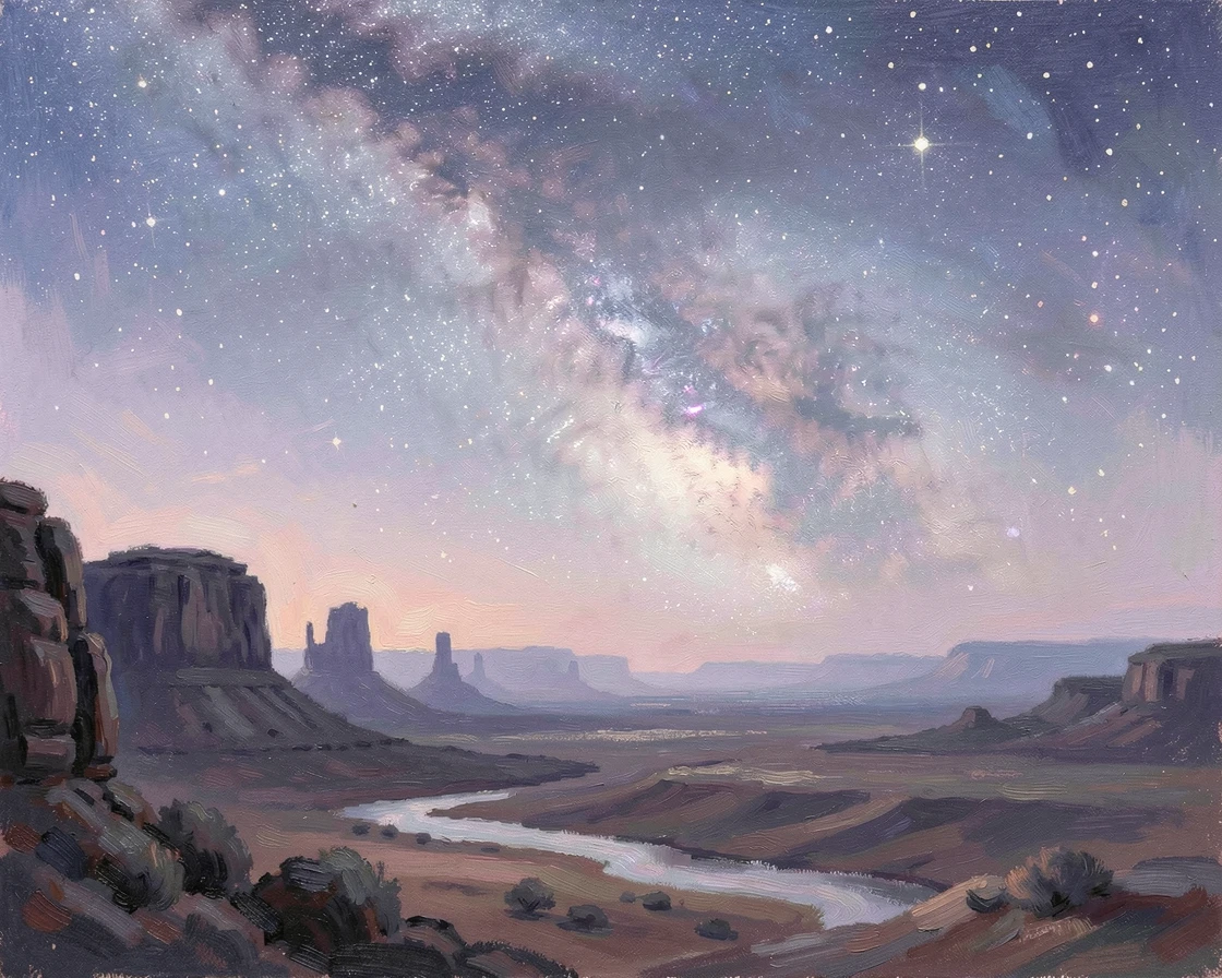 A view of the Milky Way stretching over a silent desert landscape with ancient rock formations silhouetted below, in the gentle hush of early morning, radiating joy and gentle celebration.