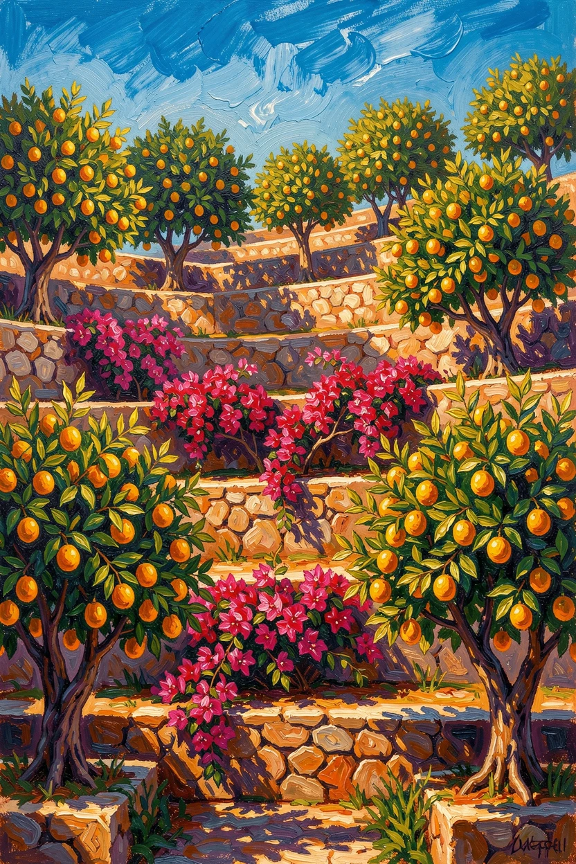 A terraced hillside garden with citrus trees and cascading bougainvillea.