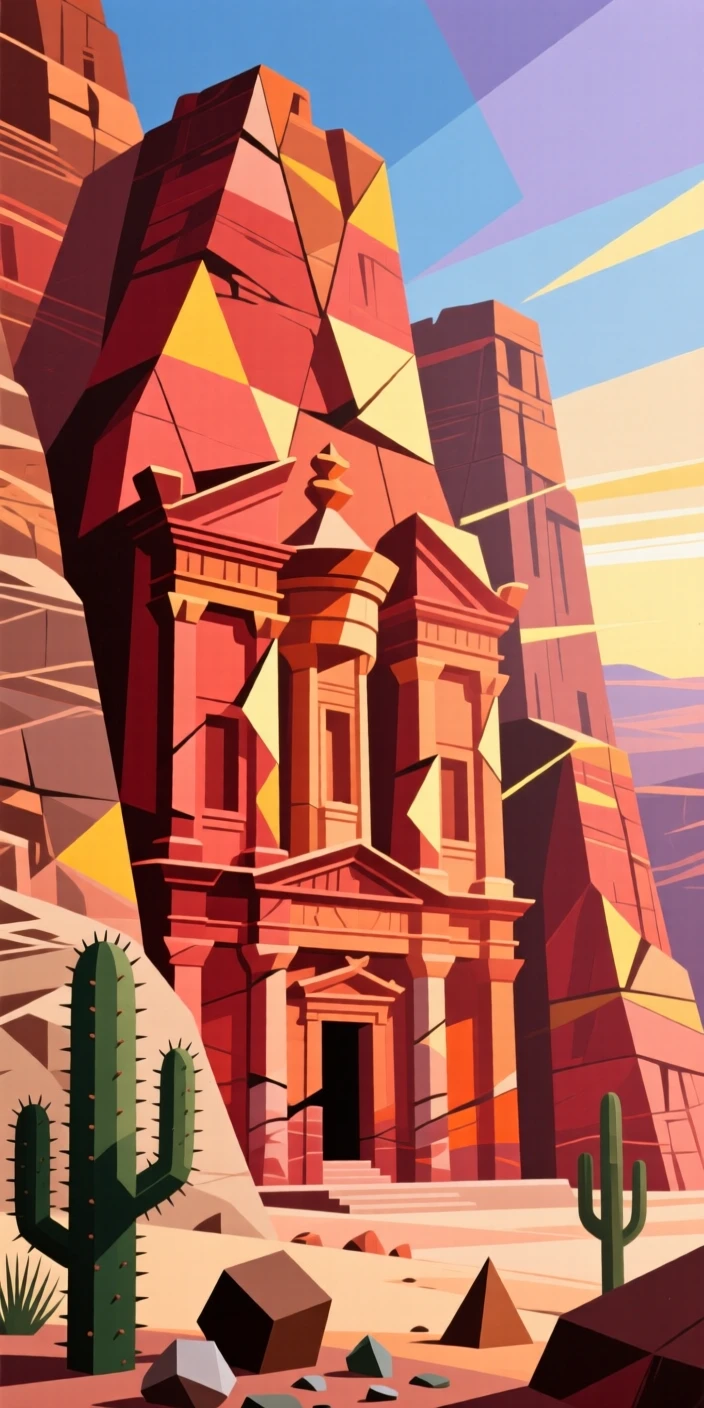 Petra's rose-red facade carved into towering desert cliffs at sunrise.