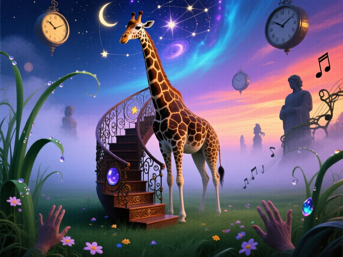 A giraffe whose neck stretches into a spiral staircase moves silently through a fog-covered meadow, as the surrounding grass bends toward it in reverence.