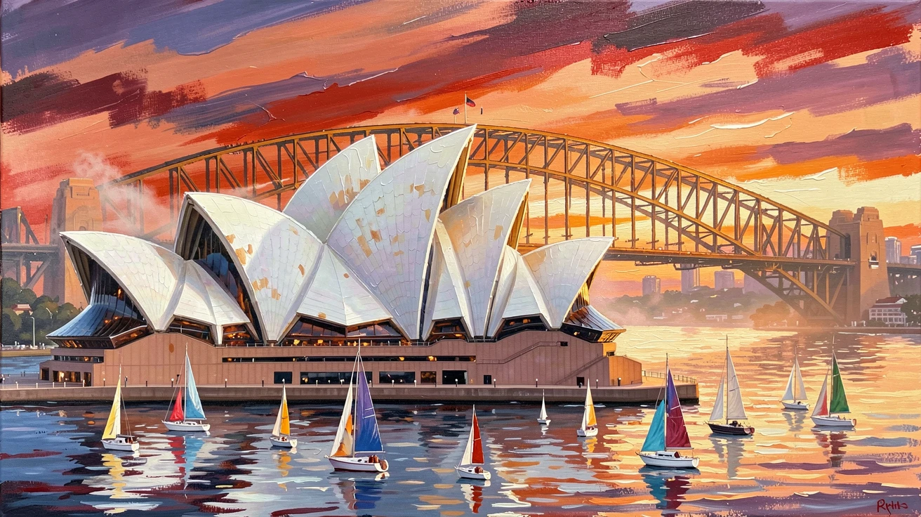 The Sydney Opera House gleams white against a backdrop of a dramatic sunset, sailboats dotting the harbor as the bridge glows in the background, the air carrying a faint mist that softens distant shapes without obscuring the overall view.