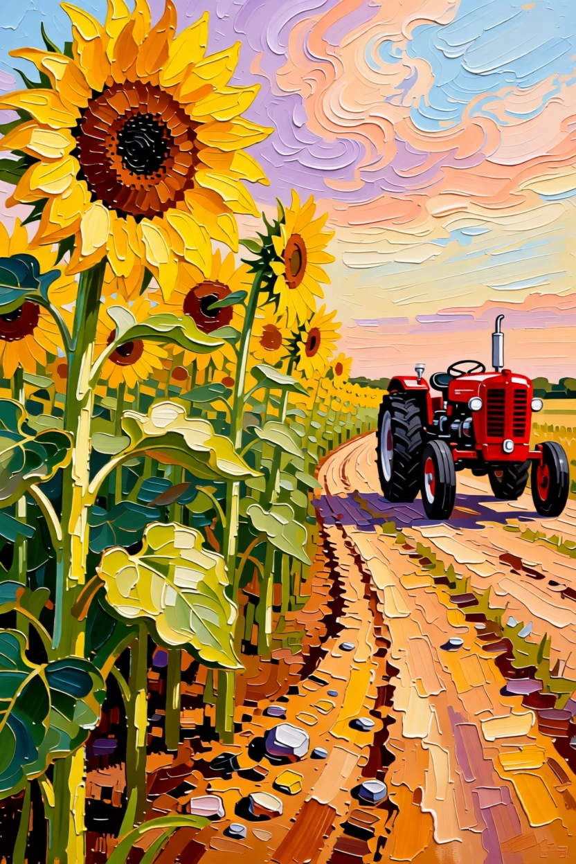 A row of sunflowers stretching along a dirt farm road toward a red tractor